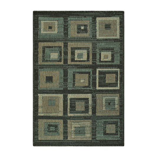 2' X 3' Color Block Beige And Teal Checkered Stain Resistant Area Rug
