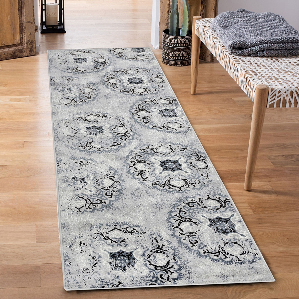 8' Silver And Gray Geometric Medallion Stain Resistant Runner Rug