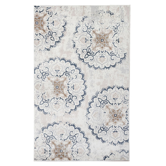 5' X 8' Ivory Geometric Medallion  Stain Resistant Area Rug