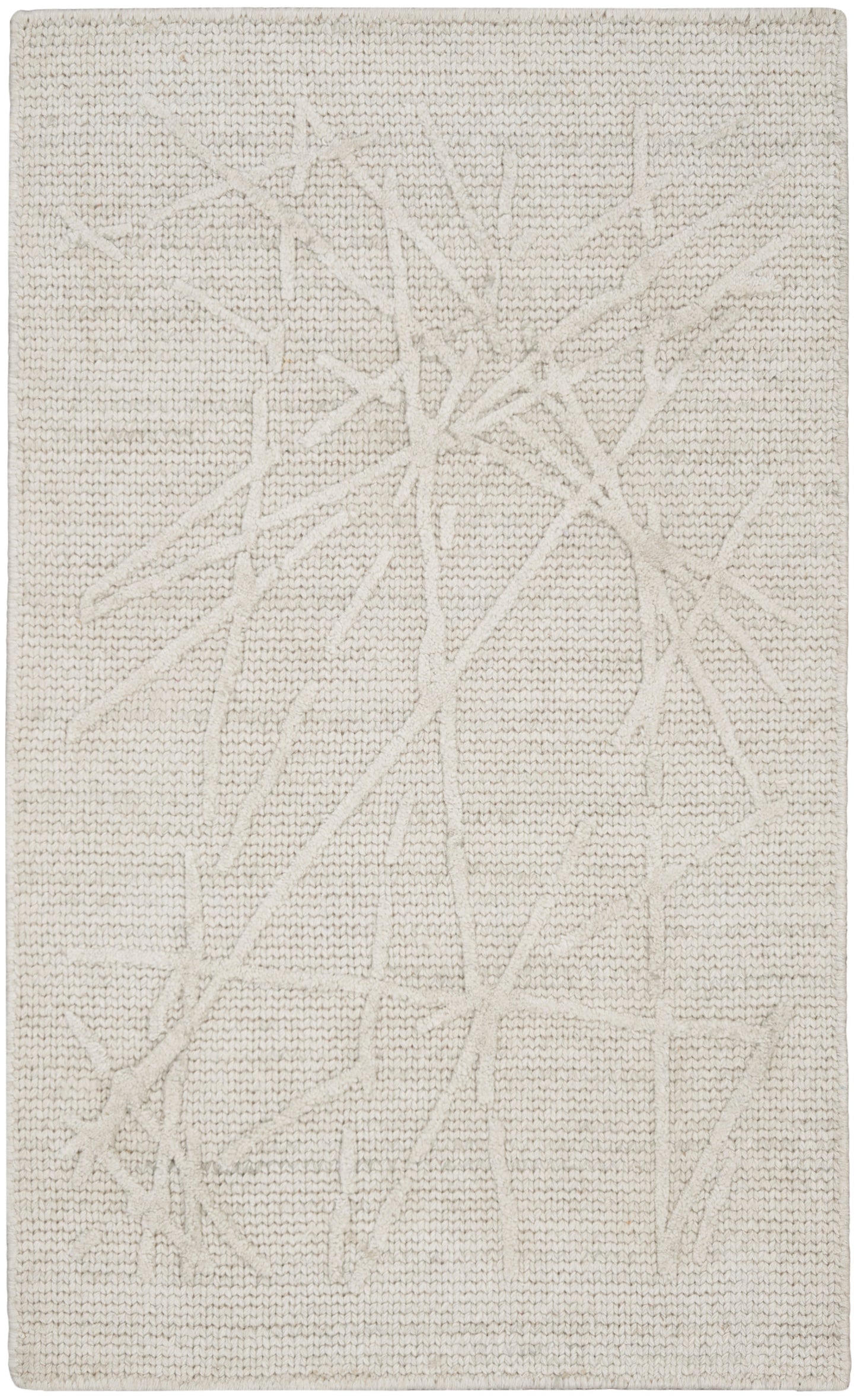 Cream rectangular woven rug with subtle raised twig-like pattern and soft textured surface.