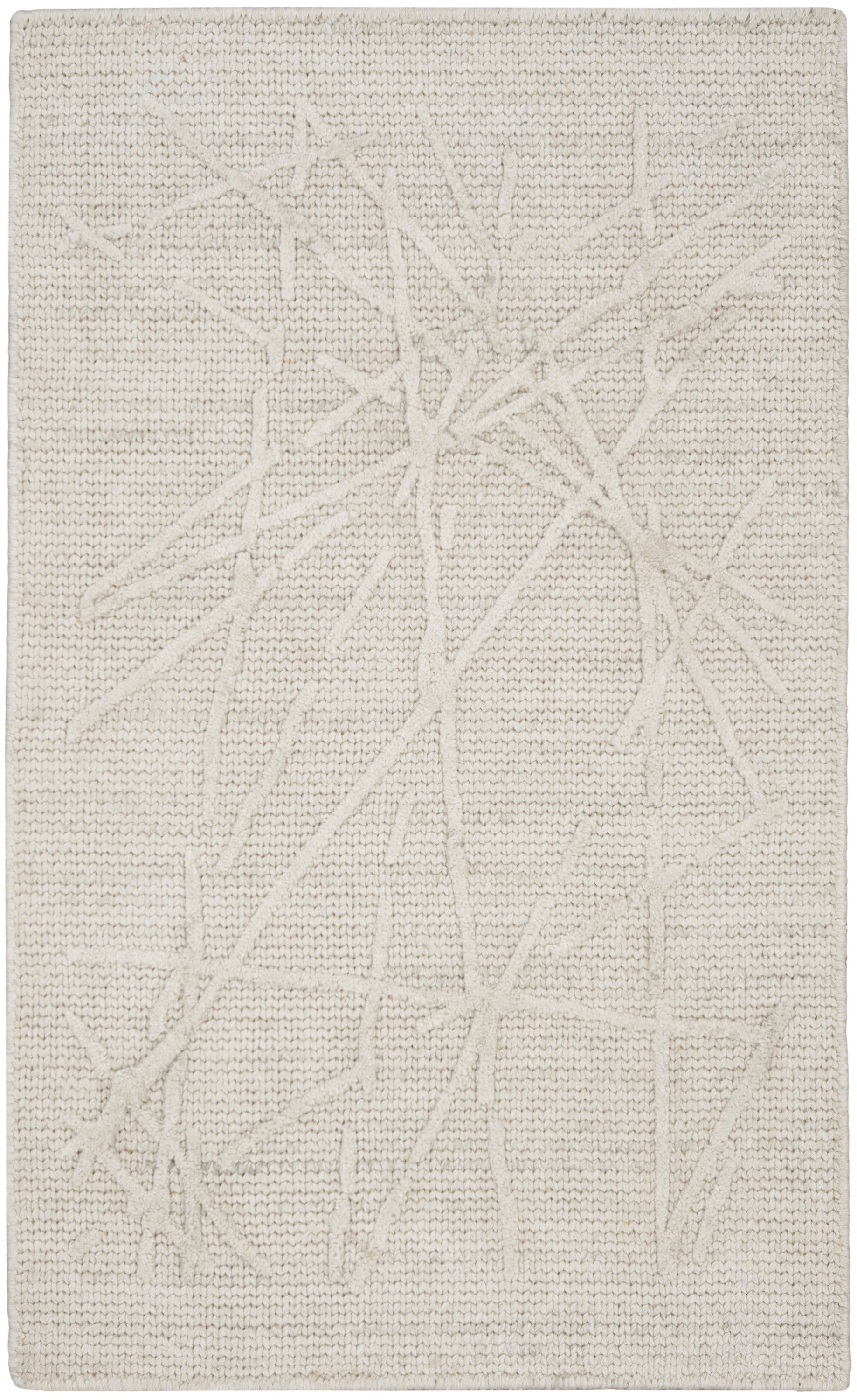 Cream rectangular woven rug with subtle raised twig-like pattern and soft textured surface.