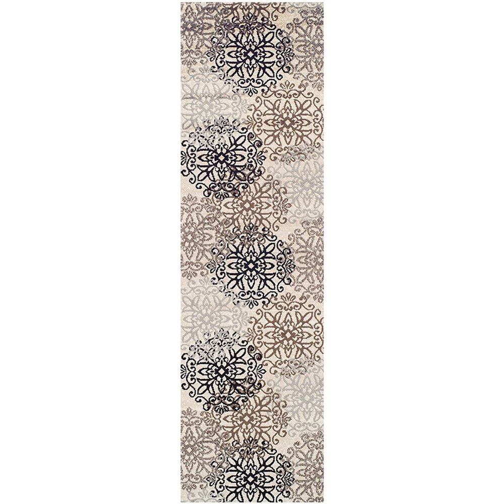 10' Beige Black And Brown Floral Medallion Runner Rug
