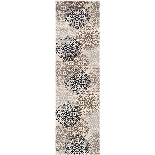 10' Beige Black And Brown Floral Medallion Runner Rug