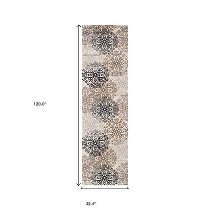 10' Beige Black And Brown Floral Medallion Runner Rug