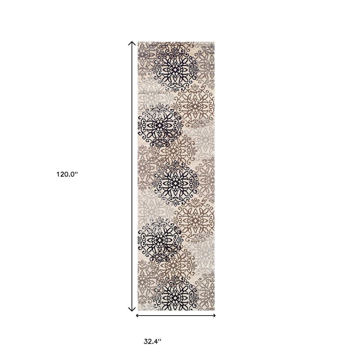 10' Tan Gray And Black Floral Medallion Stain Resistant Runner Rug