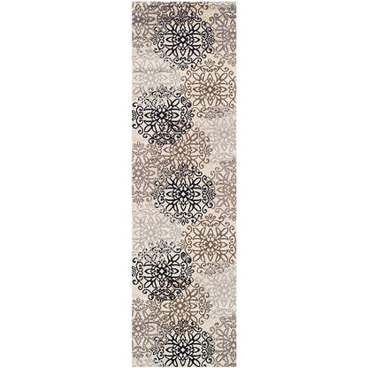 12' Beige Black And Brown Floral Medallion Runner Rug