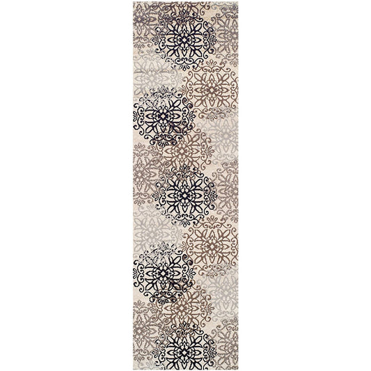 12' Tan Gray And Black Floral Medallion Stain Resistant Runner Rug