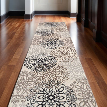 12' Beige Black And Brown Floral Medallion Runner Rug