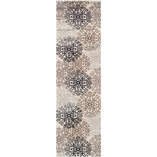 8' Tan Gray And Black Floral Medallion Stain Resistant Runner Rug