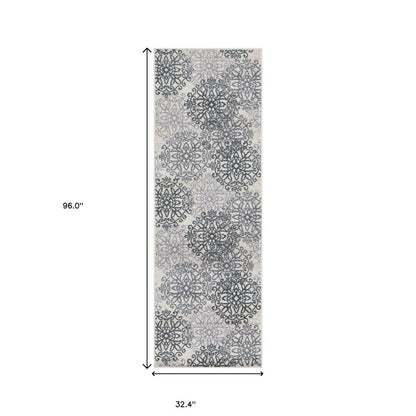 8' Gray And Charcoal Medallion Runner Rug