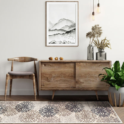 11' Beige Black And Brown Floral Medallion Runner Rug