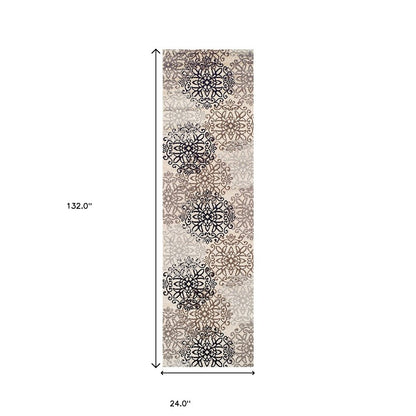 11' Beige Black And Brown Floral Medallion Runner Rug