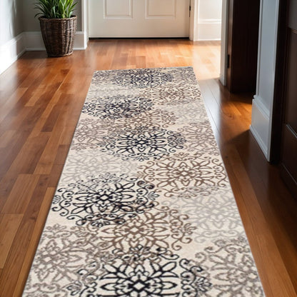 11' Beige Black And Brown Floral Medallion Runner Rug