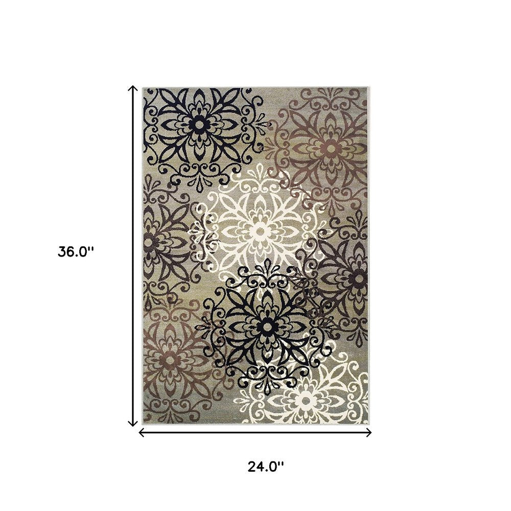 2' X 3' Brown Black And Gray Medallion Area Rug