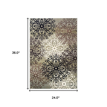 2' X 3' Brown Black And Gray Medallion Area Rug