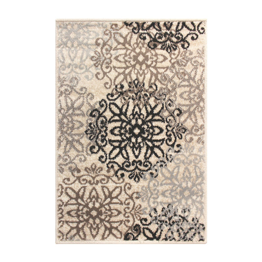 4' X 6' Tan Gray And Black Floral Medallion Stain Resistant Area Rug