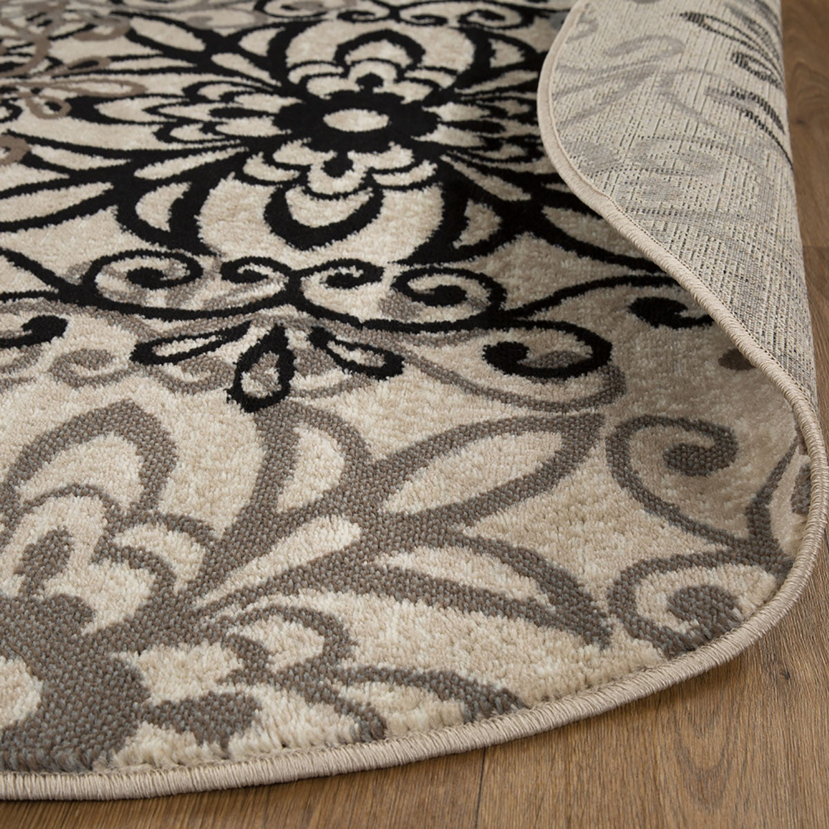 5' Round Tan Gray And Black Round Floral Medallion Stain Resistant Area Rug
