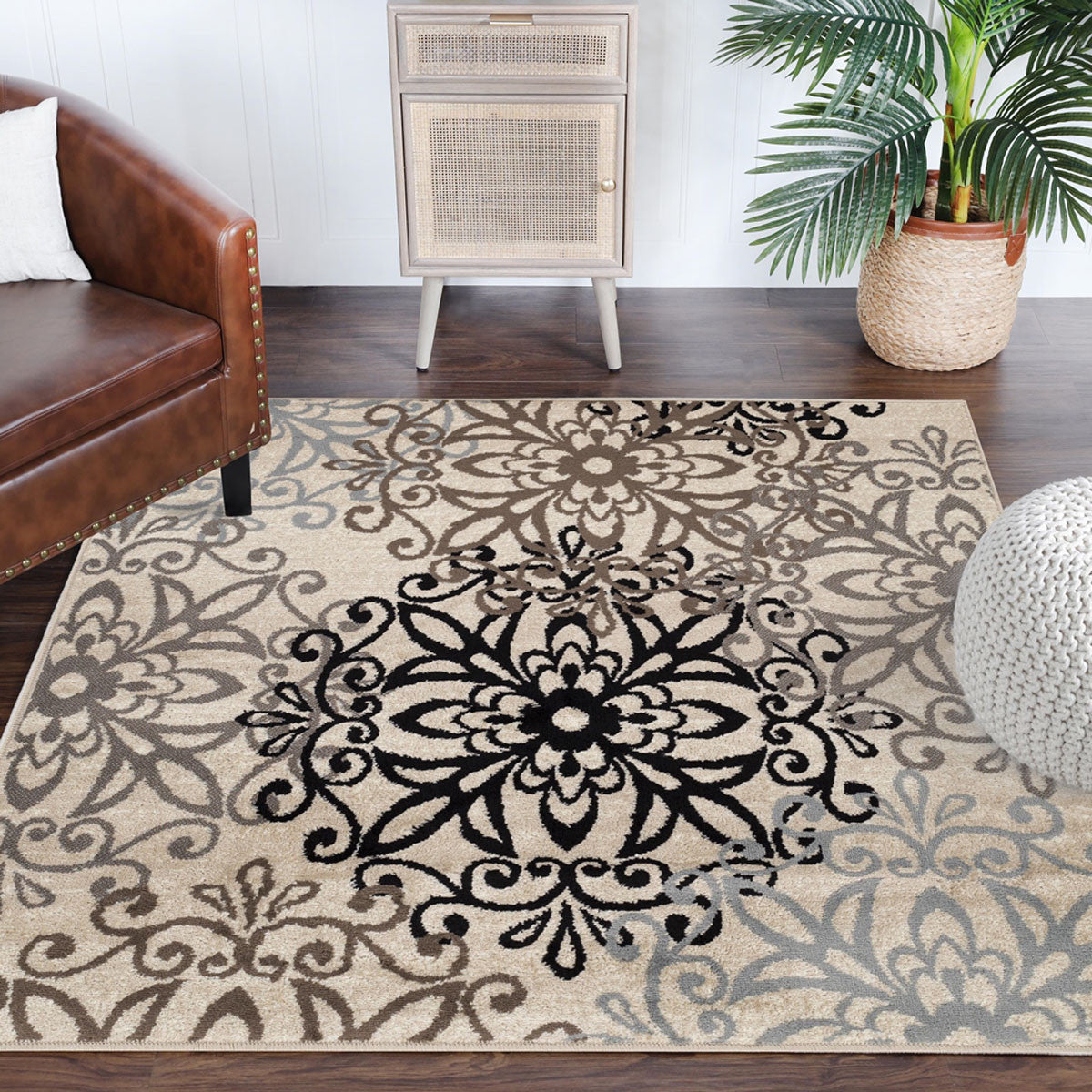 5' Square Tan Gray And Black Square Floral Medallion Stain Resistant Area Rug