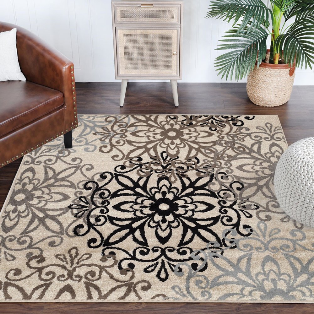 5' Brown Black And Gray Medallion Square Rug