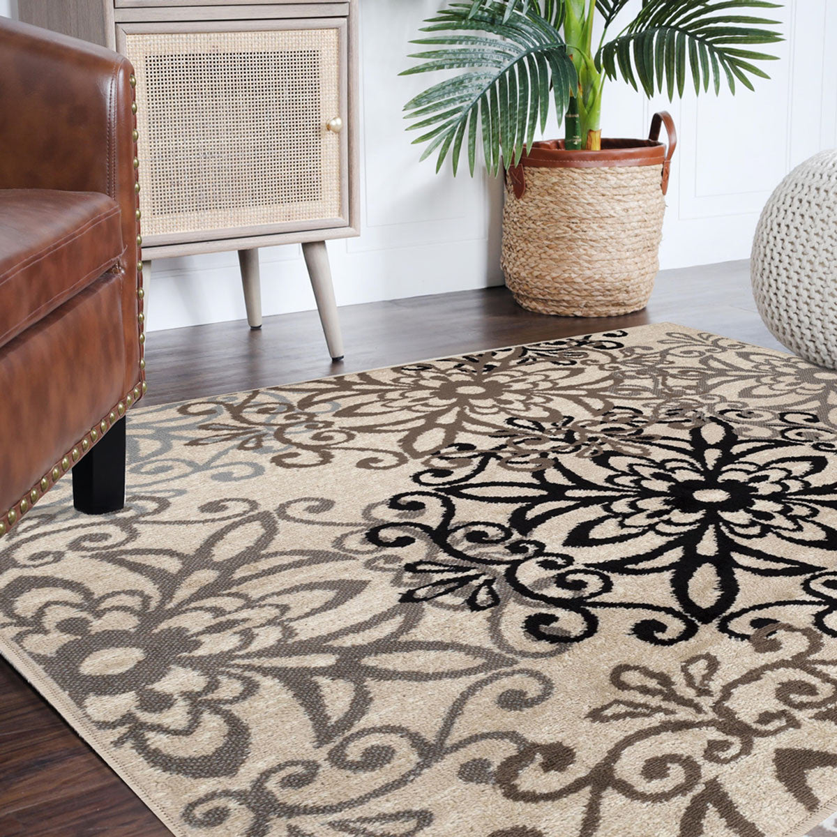 5' Square Tan Gray And Black Square Floral Medallion Stain Resistant Area Rug