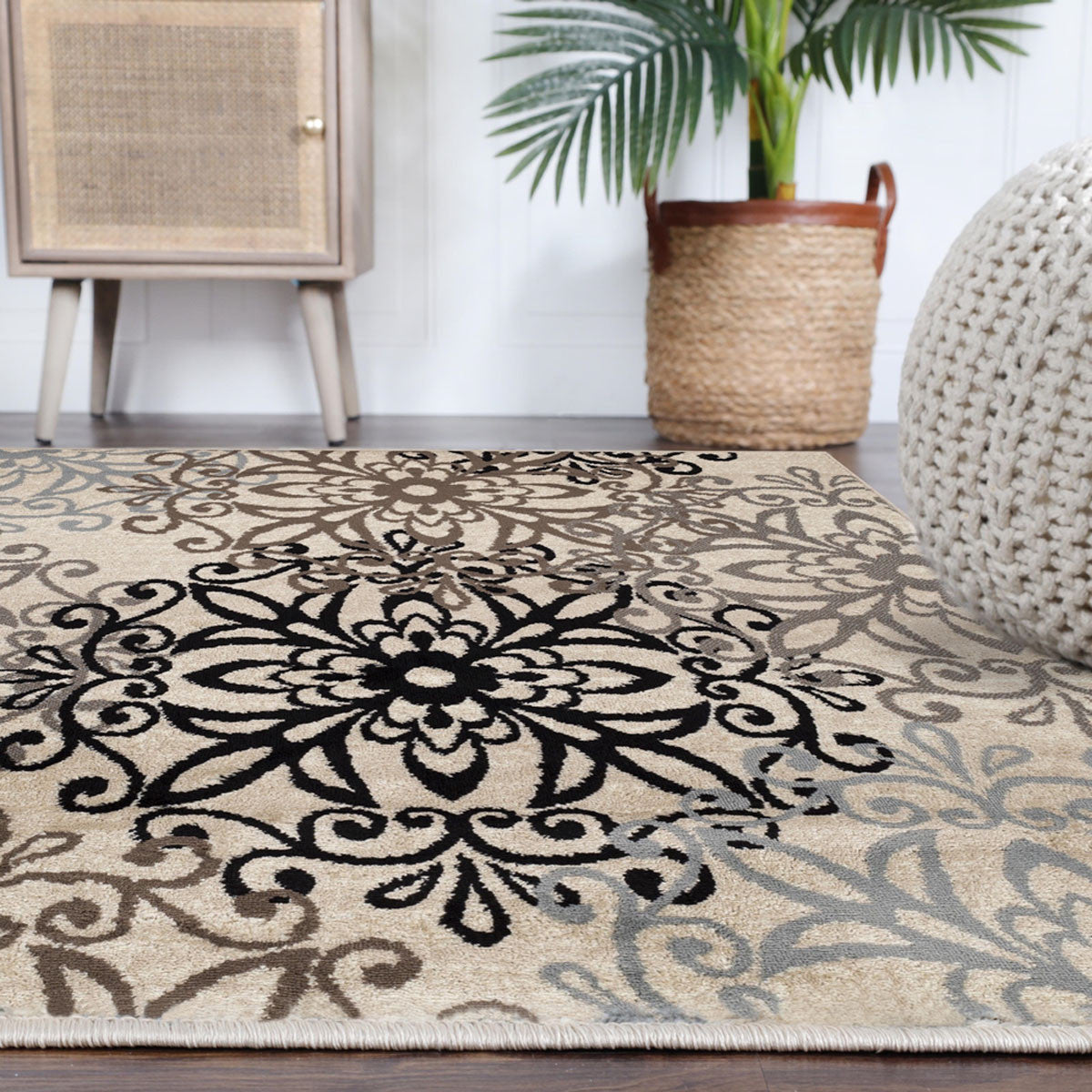 5' Square Tan Gray And Black Square Floral Medallion Stain Resistant Area Rug