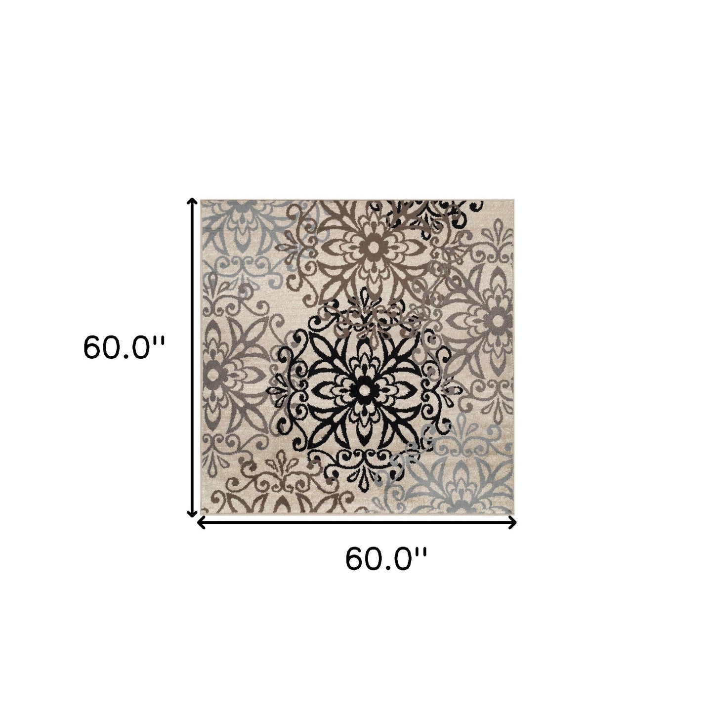 5' Square Tan Gray And Black Square Floral Medallion Stain Resistant Area Rug