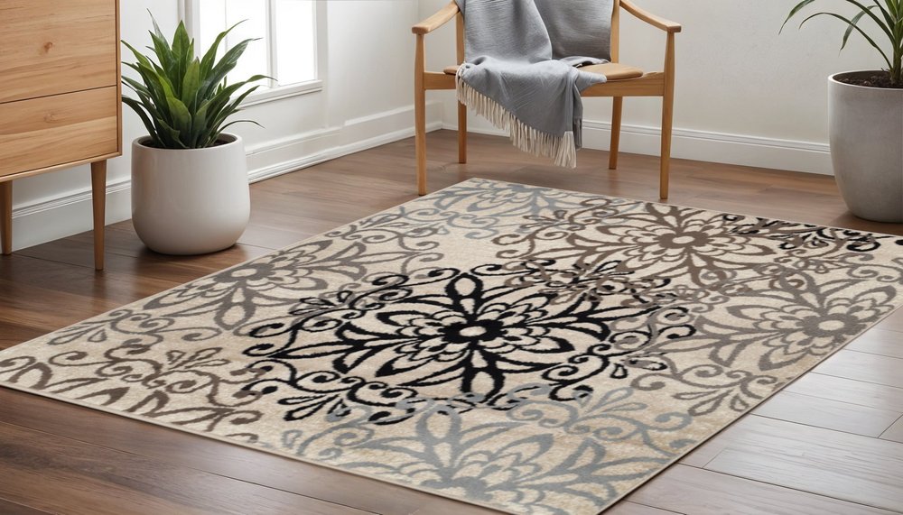 5' Brown Black And Gray Medallion Square Rug