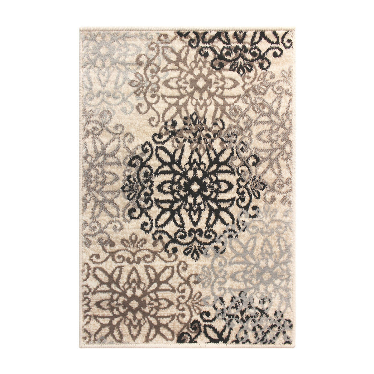 7' X 9' Tan Gray And Black Floral Medallion Stain Resistant Area Rug