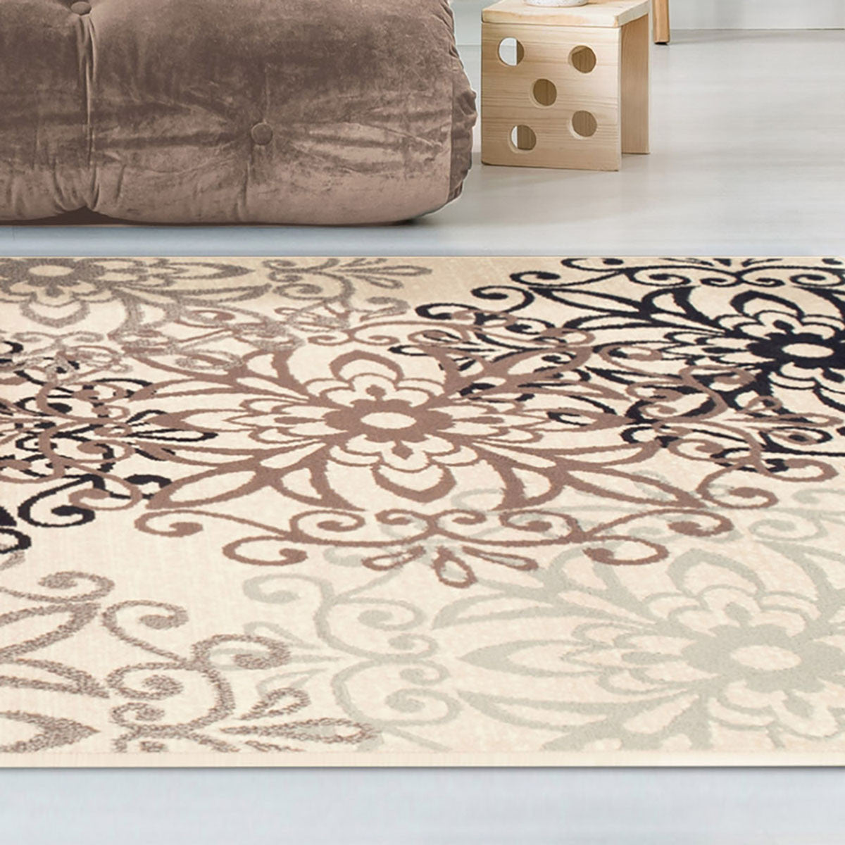 7' X 9' Tan Gray And Black Floral Medallion Stain Resistant Area Rug
