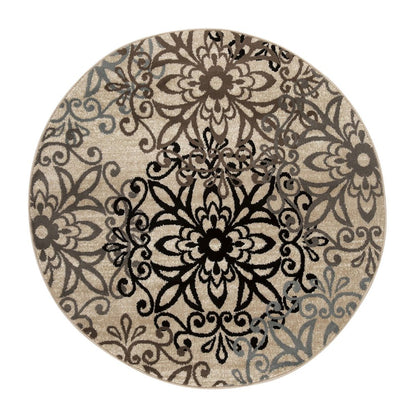 8' Brown Black And Gray Medallion Round Rug