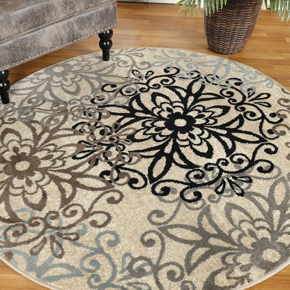 8' Brown Black And Gray Medallion Round Rug