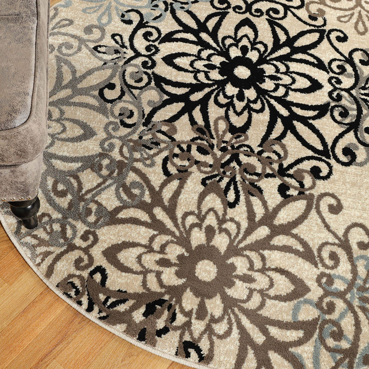 8' Round Tan Gray And Black Round Floral Medallion Stain Resistant Area Rug