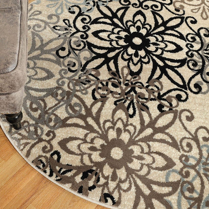 8' Brown Black And Gray Medallion Round Rug