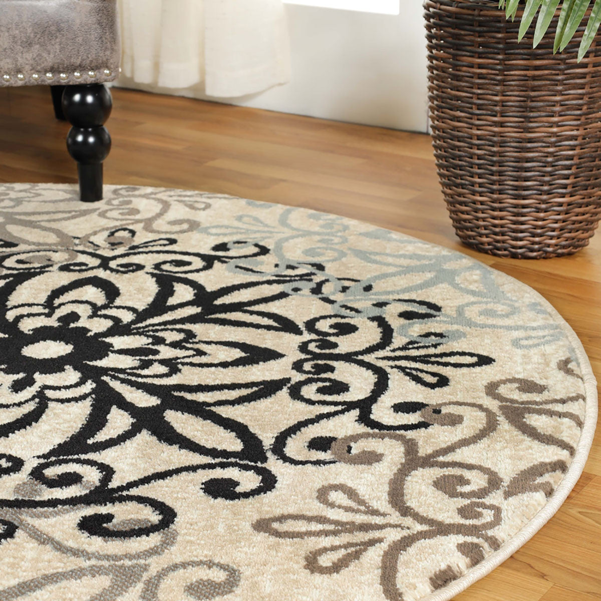 8' Round Tan Gray And Black Round Floral Medallion Stain Resistant Area Rug