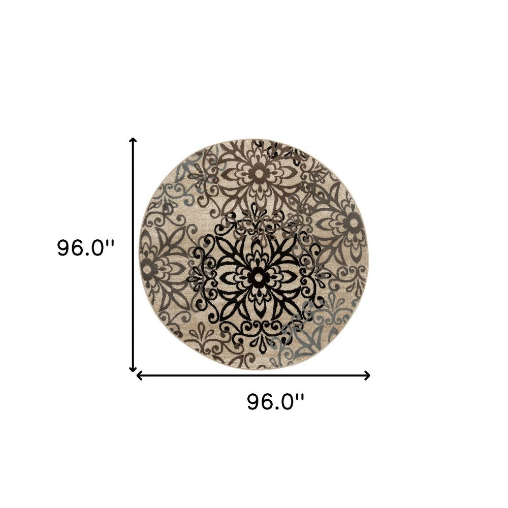 8' Brown Black And Gray Medallion Round Rug
