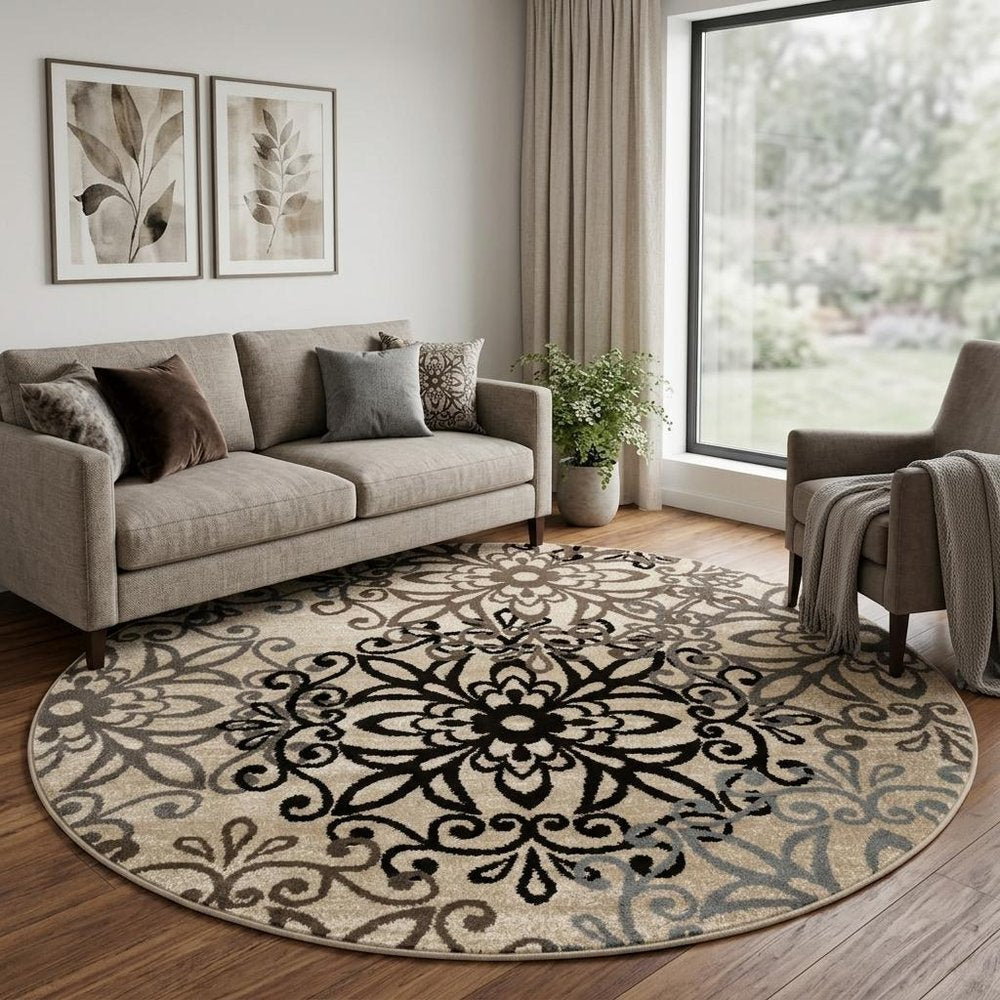 8' Brown Black And Gray Medallion Round Rug