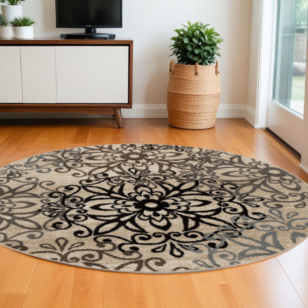 8' Round Tan Gray And Black Round Floral Medallion Stain Resistant Area Rug