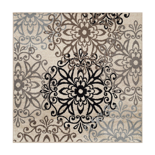 8' Square Tan Gray And Black Square Floral Medallion Stain Resistant Area Rug