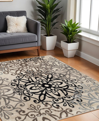 8' Brown Black And Gray Medallion Square Rug