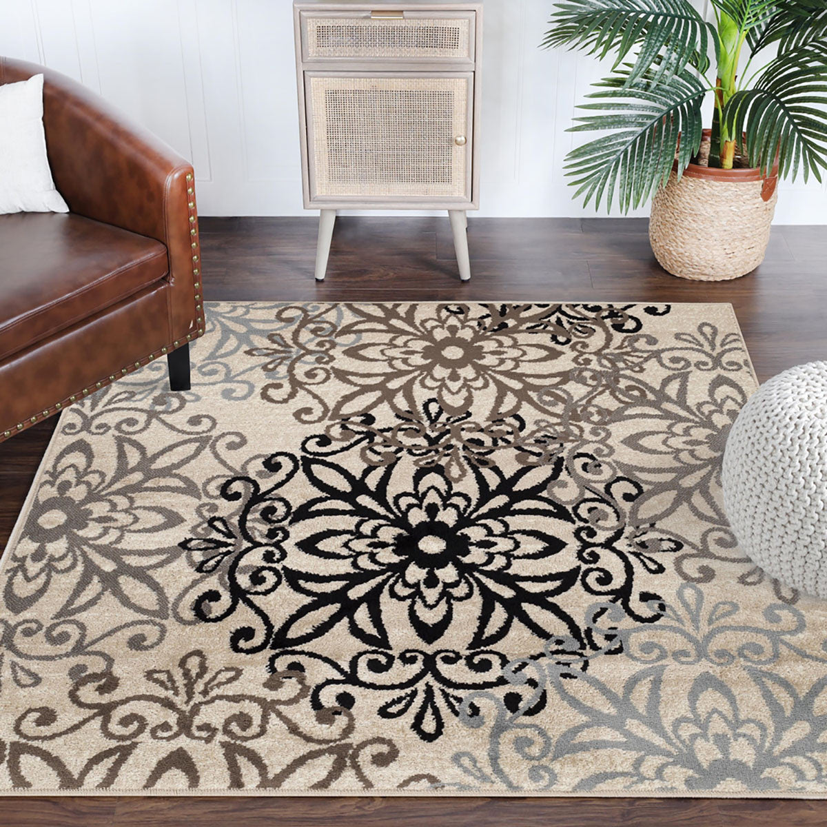 8' Square Tan Gray And Black Square Floral Medallion Stain Resistant Area Rug