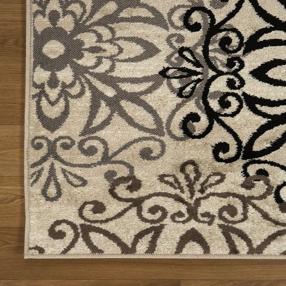 9' X 12' Beige Black And Brown Floral Medallion Area Rug