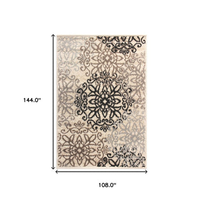 9' X 12' Beige Black And Brown Floral Medallion Area Rug