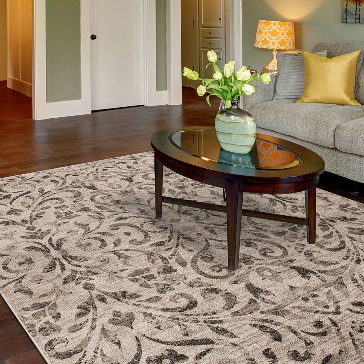 5' X 8' Bronze Floral Vines Power Loom Stain Resistant Area Rug