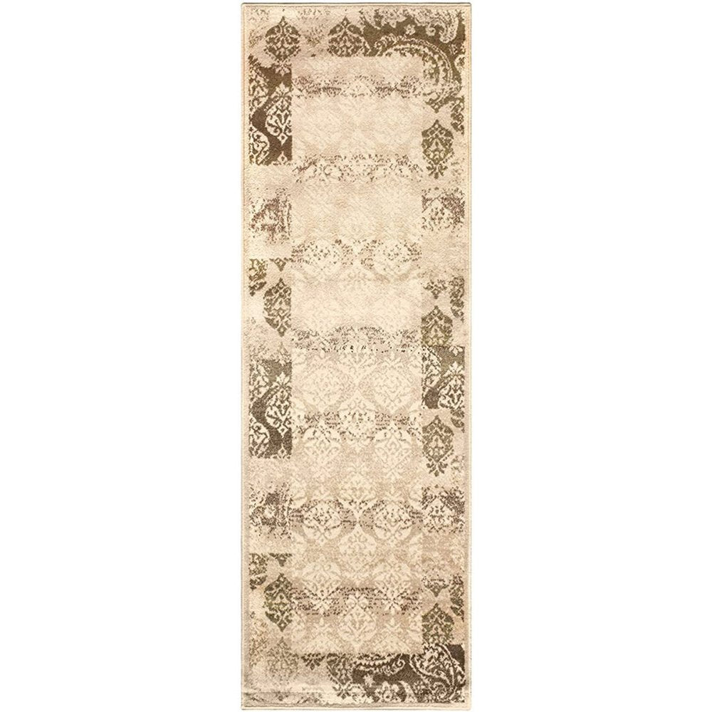 8' Beige And Brown Damask Distressed Runner Rug