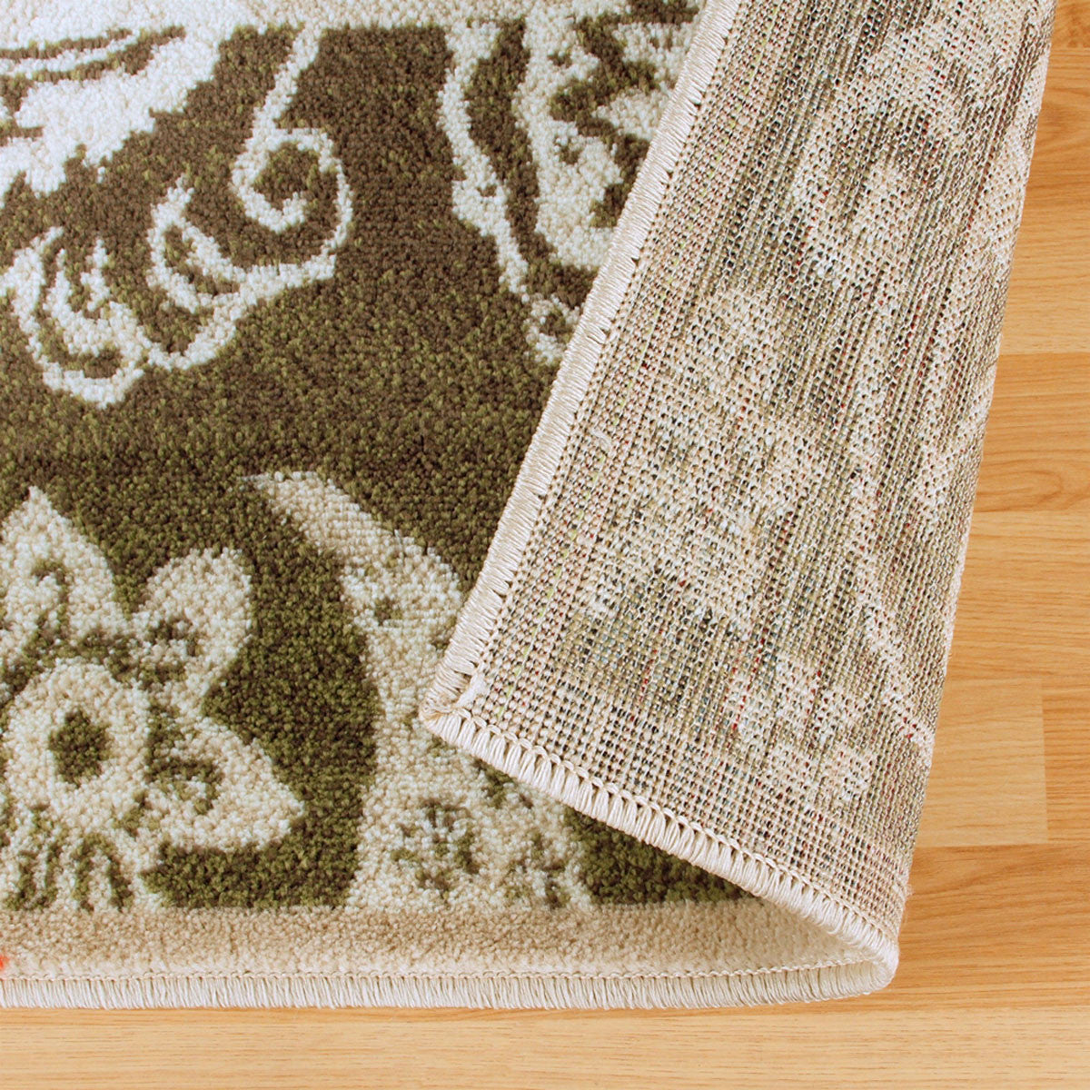 8' Beige Damask Power Loom Distressed Stain Resistant Runner Rug