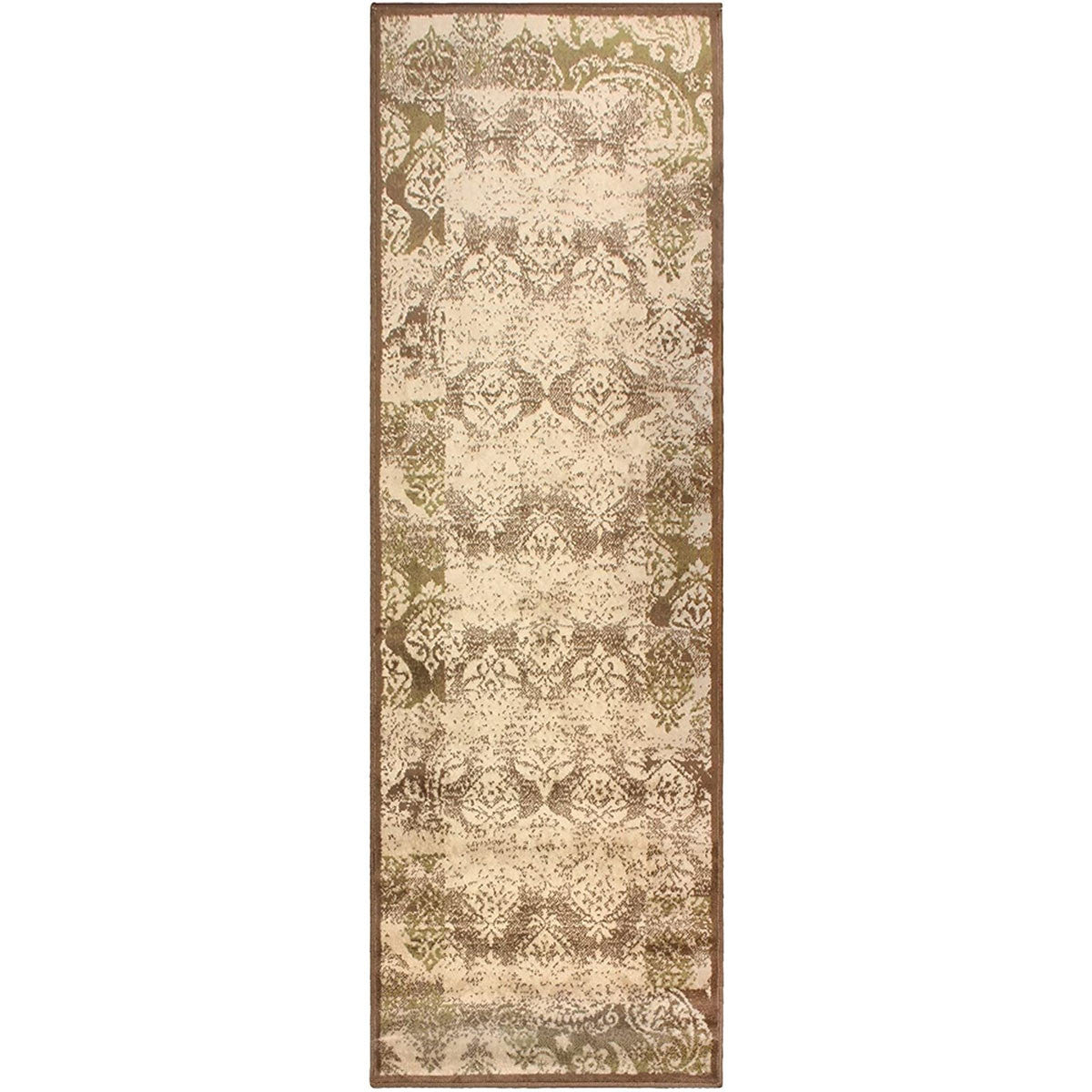 8' Brown Damask Power Loom Distressed Stain Resistant Runner Rug