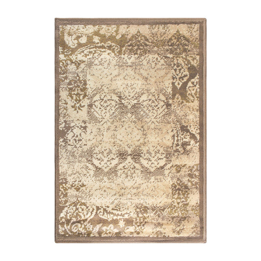 2' X 3' Brown Damask Power Loom Distressed Stain Resistant Area Rug