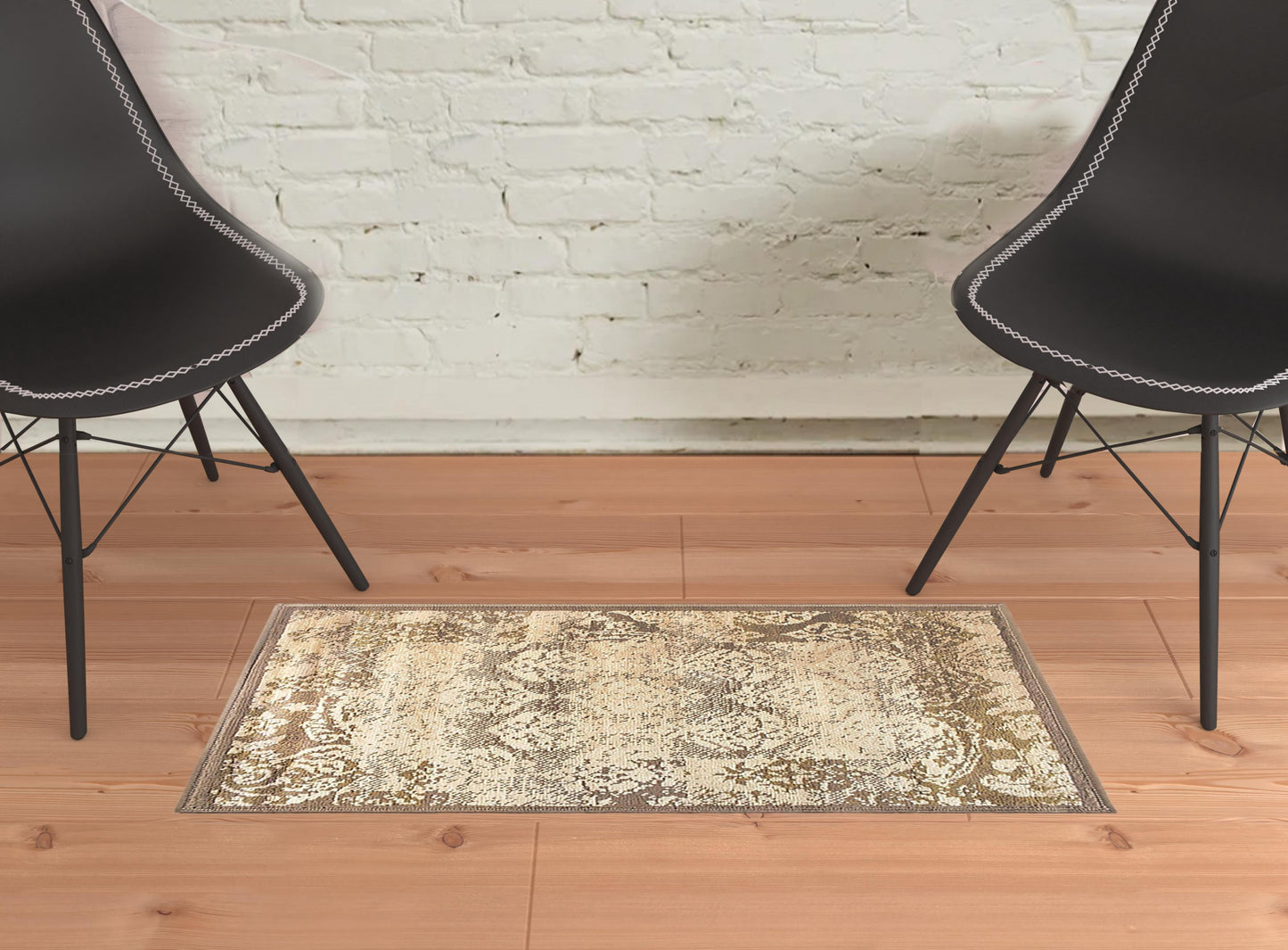 2' X 3' Brown Damask Power Loom Distressed Stain Resistant Area Rug