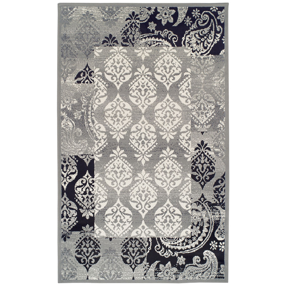 4' X 6' Black And Gray Damask Power Loom Distressed Stain Resistant Area Rug