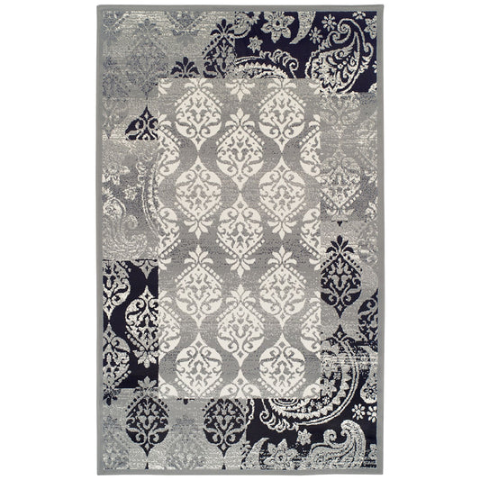 4' X 6' Black And Gray Damask Power Loom Distressed Stain Resistant Area Rug